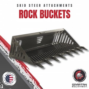 Rock buckets: the streamlined solution for efficient soil management. Similar to standard skid steer attachments, they boast slotted sides and bottoms, enabling seamless filtration of water, sand, and loose material. Experience the precision of purpose-built design, tailored for wholesale rock removal. #rockbucket #skidsteer #skidsteerattachments | Spartan Equipment | Facebook