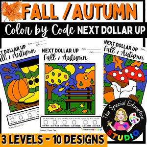Fall Autumn Math Color by Number Special Education Life Skills Money dollar up
