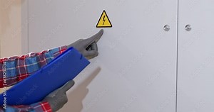 Electrician points to sticker with sign of electricity warning holding blue clipboard with instructions in hands. Warning and danger concept