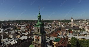 Lviv roofs and streets aerial view, Ukraine in Lviv