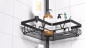 KEGII Corner Shower Caddy Tension Pole - Shower Tension Rod Organizer, Floor to Ceiling Shower Caddy 25-114.2 inch, Towel Rack Corner Waterproof, Black