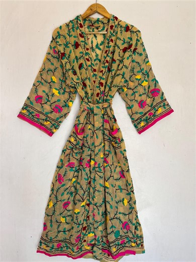 Hand Printed Summer Kimono Plus Size Phulkari Vintage Beachwear Robe - Etsy