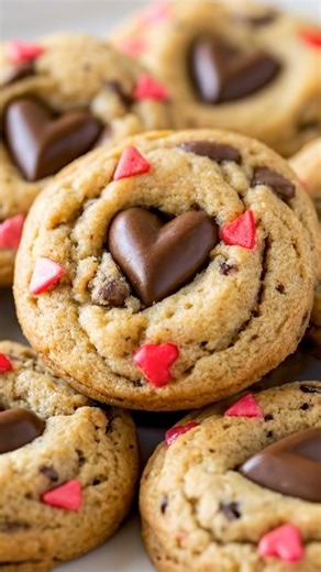❤️ Heart Chocolate Chip Cookies These Heart Chocolate Chip Cookies are soft, thick, and bakery-style with gooey chocolate chips tucked inside and a sweet little chocolate heart pressed right in the center. They bake up golden on the edges with soft, chewy middles that practically melt in your mouth. I love making these for Valentine’s Day — my kitchen smells like warm vanilla and chocolate, and my family always sneaks one straight off the baking sheet. If you’re planning something sweet for some