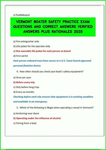 VERMONT BOATER SAFETY PRACTICE EXAM QUESTIONS AND CORRECT ANSWERS VERIFIED ANSWERS PLUS RATIONALES 2