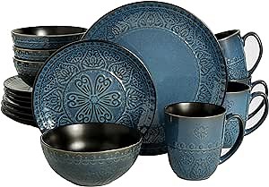 Gibson Elite Milanto Round Embossed Reactive Glaze Stoneware Dinnerware Set, Service for Four (16pcs), Blue