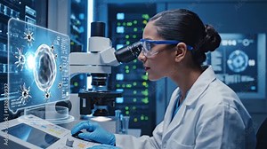 Researcher working with AI platform, examining a cell under a microscope in a laboratory environment