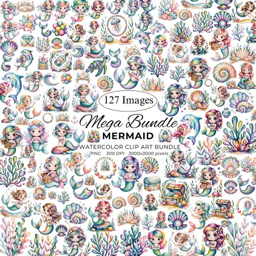 Mermaid Watercolor Clipart Mega Bundle, Cute Mermaid PNG, Under the Sea, Dolphin, Ocean Shells, Treasure Chest, Commercial Use for Titles - Etsy