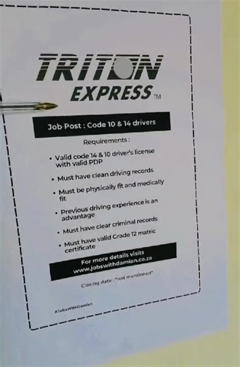 51K views · 316 reactions | SA DRIVERS WANTED 2025  Triton Express is hiring Code 10 & 14 drivers NOW! Click here https://www.jobswithdamian.co.za/category/drivers/ to apply before it’s too late #DriverJobs #Code10 #Code14 #SouthAfricaJobs #TritonExpress #JobsWithDamian #HiringNow #MzansiJobs #JobAlertSA #ApplyNow | Jobs With Damian | Facebook