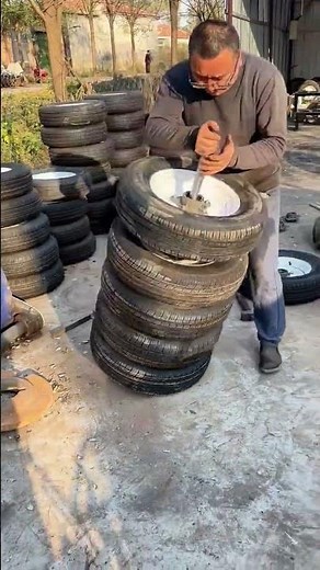 The tire assembly process of a wheat field roller