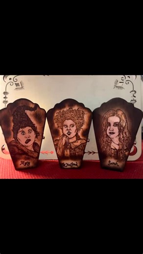Complete set of the Sanderson Sisters all done for the fair! #smallbusiness #pyrography #halloween #halloweendecor #fall #woodburning #autumn #coffin #hocuspocus #sandersonsisters | BsWoodburnings | Facebook