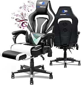 Video Gaming Chair with Massage Function - Bluetooth Office Swivel Chair with Racing Style - Ergonomic Home Office Chair with Armrest Footrest Headrest and Lumbar Support