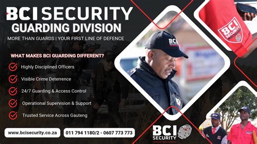 BCI SECURITY Guards | PROFESSIONAL PROTECTION ACROSS GAUTENG In today’s South Africa, safety is no longer optional it is essential. At BCI SECURITY, we understand that true guarding is not simply about having someone on site. It is about discipline, visibility, rapid readiness, and trust. Our mission is clear: ✅ To protect people, property, and peace of mind across Gauteng. MORE THAN GUARDS | YOUR FIRST LINE OF DEFENCE BCI Guards are trained professionals who operate with confidence, awareness, 