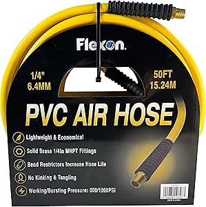 Flexon 3/8" x 50 ft PVC Air Hose – Lightweight, Heavy Duty. Solid Brass MNPT Fittings, Kink Resistant, Tangle Free, Burst Pressure 1200 PSI, Temperature Range -40°F to 160°F