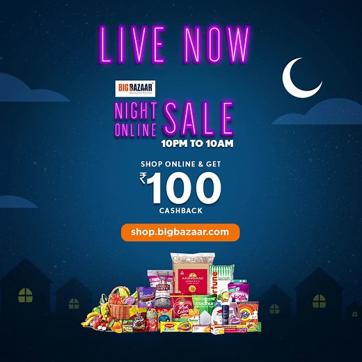 Big Bazaar Night Online Sale is LIVE. Order your Daily Groceries ONLINE from shop.bigbazaar.com and get Rs.100 Cashback*. Offer valid ONLY FOR 12 HOURS. Shop Now https://bit.ly/3tkrgvf | Big Bazaar