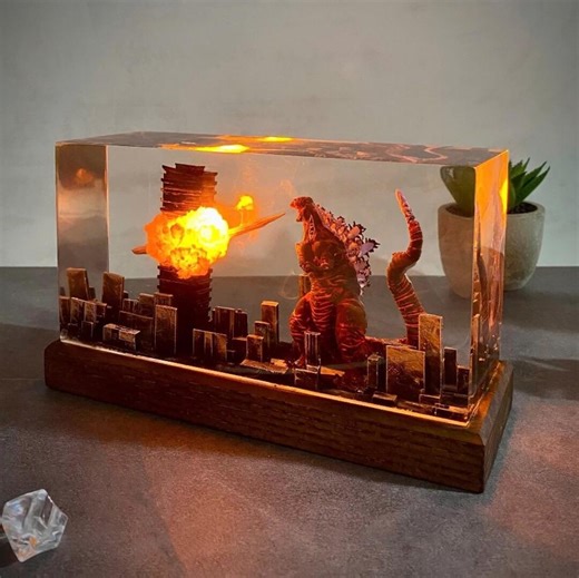 Monster in the City Epoxy Lamp, Atomic Breath Resin Lamp, Giant Monster Figure, Terrarium Personalized Night Light, Diorama Gaming Decor - Etsy
