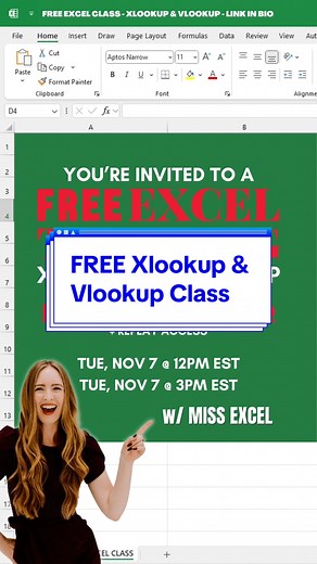 Level up in Excel, XLOOKUP, and VLOOKUP in one hour!!! 💃 You're invited to a FREE live Excel Class with Miss Excel! Register now at the link in our bio!!! 🎉 #excel #exceltips #spreadsheet #training