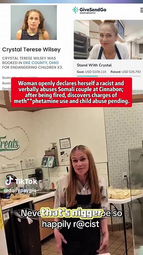 Woman openly declares herself a racist and verbally abuses Somali couple at Cinnabon; after being fired, discovers charges of meth**phetamine use and child abuse pending. #foryou #usa #tiktok #cinnabon