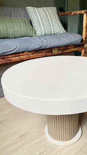 I made a table! 🤩 This table is made entirely of wood scraps from the built ins and the left over pole wrap. I saw a table like this that was several thousand dollars and thought I might be able to recreate it! The base wasn’t heavy enough and felt a bit top heavy so I had to get creative. I cut this round marble cutting board in half and glued it to the bottom which gave it a wider base and added a significant amount of weight. Problem solved! Plus I think it looks even better now so it was a 