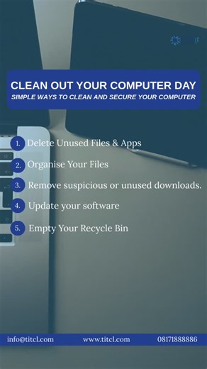 Topp IT Consulting on Instagram: "In celebration of International Clean Out Your Computer Day, here are simple steps to improve performance, increase storage space, and reduce cybersecurity risks. Taking a few minutes to organise your device can help protect your data and keep your system running smoothly. When last did you clean your computer?#toppitconsulting #cybersecurity #cleanoutyourcomputerday #stem"