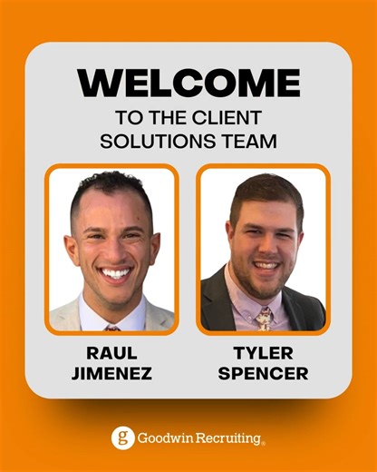 Big congratulations for Raul Jimenez and Tyler Spencer on shifting into their new roles as Client Solutions Executives! They join Greg Price, Kevin Kusinski, and Rachael Faifer on the Client Solutions Team. What a crew! #GoodwinRecruiting #Congrats | Goodwin Recruiting
