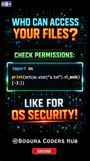 Who Can Access Your Files? 🔐 Python Permission Check in 08s! | Most hackers don’t break in | Python Most hackers don’t break in — they use bad file permissions. In this Short, learn how to instantly check who can read, write, or execute your files using Python. 🐍 Secure your OS, protect your data, and code smarter every day. 👍 Like & follow for more cyber security Python tips! #boguracodershub #Python #CyberSecurity #OSSecurity #FilePermissions #EthicalHacking #PythonTips #SecureCoding #Progr