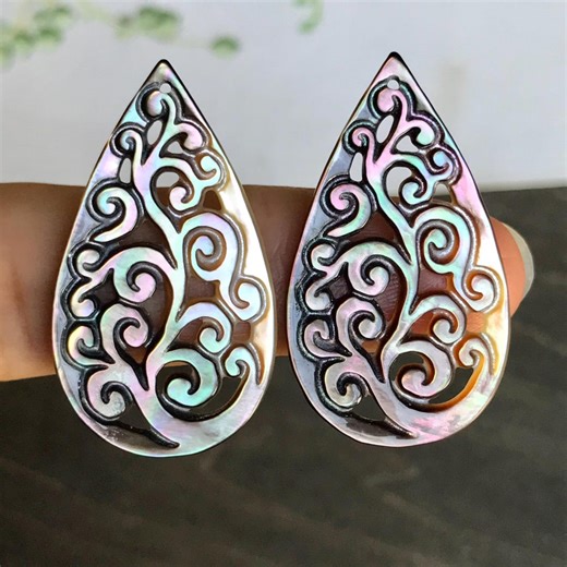 Carved Black Mother of Pearl Waterdrop Charm: Natural Shell Tear Drop Bead - Etsy