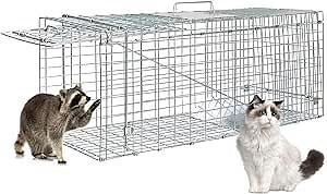 Large Live Animal Trap, 32" Durable Cat Trap Cage for Squirrel Bobcat Gopher Chipmunks Skunk Raccoon, Collapsible Metal Small Animal Trap for Humane Catch & Release