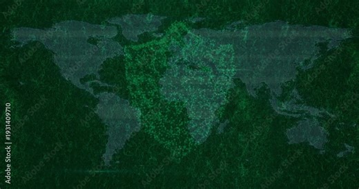 Animated world map showing particles appearing clustering over Africa, digits forming ransom signal