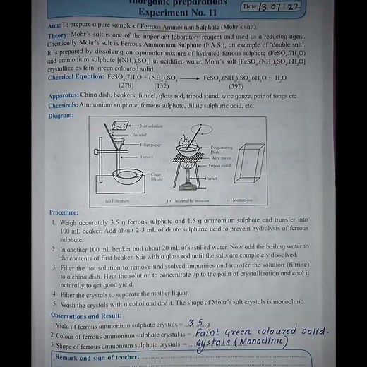 Experiment No.11 INORGANIC PROPERTIES. Chemistry class 12 Practical Solution.