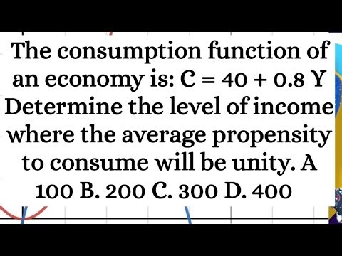 The consumption function of an economy is C = 40 + 0-8 Y. Determine the level of income where APC