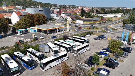 The parking lot for the coaches on the Danube River in the town of Krems (Austria). https://www.youtube.com/@BusTravelinMan | Bus Travelin'Man