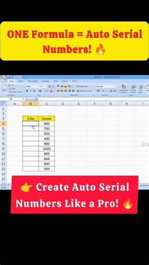 Auto Serial Number in Excel with Just ONE Formula! 🤯 #excelshorts