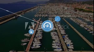 Network security and data speed icons animation over marina with boats