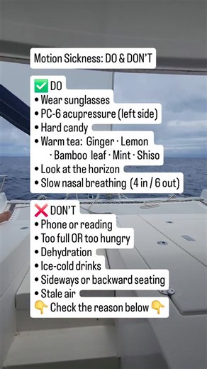 Comment "Nausea" and I'll send my acupressure and tea guide for motion sickness. DO 1. Wear sunglasses Reduces visual overload & horizon confusion 2. Acupressure: PC-6 (left side often works better) Gentle pressure, 2–3 minutes 3. Suck on hard candy Stimulates saliva → calms the stomach 4. Sip warm tea Ginger • Lemon • Bamboo leaf • Mint • Purple perilla (or Shiso) 5. Look at the horizon Helps the brain re-sync balance signals 6. Breathe slowly through the nose Inhale 4 sec → Exhale 6 sec DON’T 
