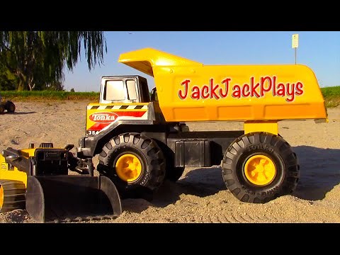 Construction Toy UNBOXING: Tonka Mighty Dump Truck Digging and Playing with Bruder Excavator