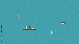 Cartoon animated ocean with ship, yachts, whale and dolphins