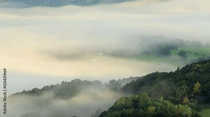 British Moors in Cloudy Mist with Heather Flowers in Season