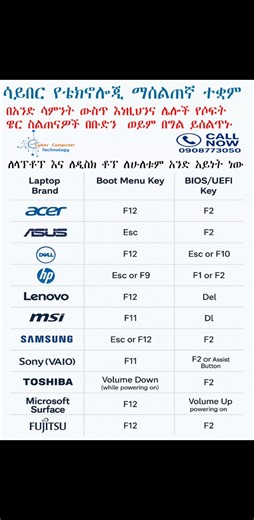 � How to Enter BIOS/UEFI on Any Laptop! �� Struggling to boot from USB or access BIOS settings? Here's your quick key guide for Acer, ASUS, HP, Lenovo, MSI, and more! � Save this chart � � Share with a friend who’s stuck on startup � � Follow @cybercomputertechnology for more tech tips! #BIOS #UEFI #BootMenu #LaptopTips #TechTok #CyberComputer #PCSupport #ITHelp #TechTutorial #EthiopiaTech | ሳይበር ኮምፒውተር ቴክኖሎጂ ኢንስቲትዩት Cyber Computer Technology Institute