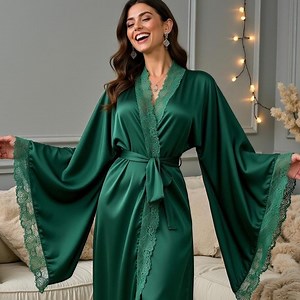 Long Satin Kimono Robe - Silk Sleepwear, Lace Nightgown - Wedding Gift, Birthday Present - S/M/L - Etsy