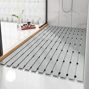Shower Mat,Shower Mat Non Slip,Shower Mat with Drain Hole in Middle,Square Rubber Shower Mat (16.92x24.01in, Grey)