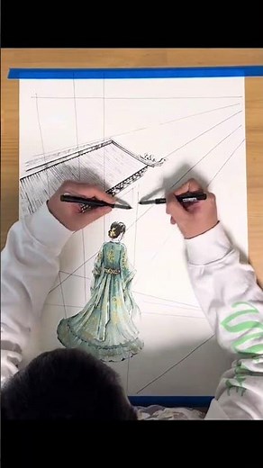 當漢服遇見古建手繪｜這才是中式美學的經典 #手繪 #畫畫 #繪畫過程 #藝術在抖音 #中式美學