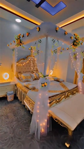 Royal Bridal Room Design 2026 👑 Golden Bed + Canopy + Dressing + Sofa | Yellow Flower Decor