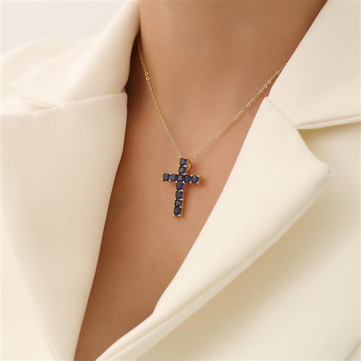 Gold Blue Cross Necklace, Sapphire Colour CZ Pendant,elegant Religious Jewelry Gift for Her - Etsy