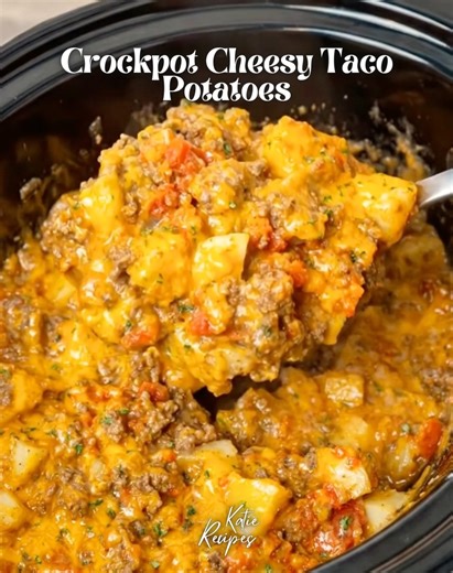 Crockpot Cheesy Taco Potatoes Ingredients : • 1.5 lbs ground beef • 2 packets (1 oz each) taco seasoning, divided • 10.5 oz cream of chicken soup • 2 lbs frozen diced potatoes • 2 cups shredded cheddar cheese, divided (freshly shredded preferred) • 10 oz Rotel, drained ... | Katie Recipes