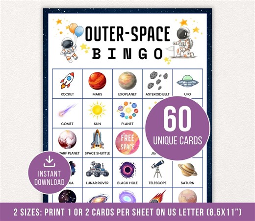 Outer Space Bingo, Solar System Bingo, 60 Printable Space Bingo Cards, Astronomy Bingo, Outer Space Games, Space Activity, Instant Download - Etsy