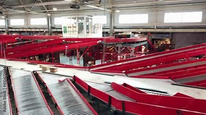 Postal Parcel Sorting Line, Postal Conveyor System, Parcels are Moving on Belt Conveyor at Post Sorting Office