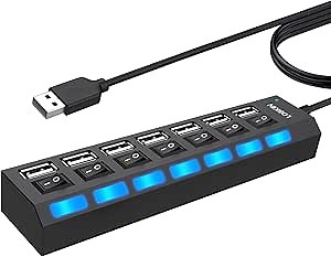 USB Hub Multi Port Splitter - LOBKIN 7 Port Data Hub USB 2.0 with Individual On/Off Switch and LED Lights Portable Desktop USB Hub Extender Ports for Laptop Computer PC MacBook