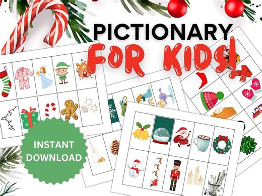 Christmas Pictionary Cards for Kids, Holiday Games (digital Download)