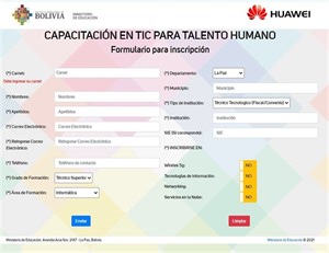PROGRAMA DE CAPACITACIÓN EN TICS DEL TALENTO HUMANO BOLIVIA PARA DOCENTES INSCRIPCIONES https://dgtic.minedu.gob.bo/tecnologia/ La empresa Huawei Bolivia en cooperación con el Estado Plurinacional de Bolivia a través del Ministerio de Educación en el desarrollo del talento humano, llevaron a cabo el Programa de Capacitación en TICs, gestionando una convocatoria abierta tanto a personal docente de Institutos Técnicos Tecnológicos, como de Universidades Públicas, Privadas e Indígenas. En todo el p