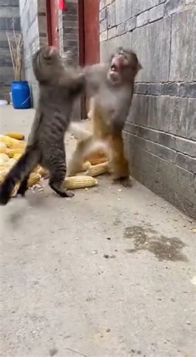 Real Footage: Cat vs Monkey fight in rural China.#animals #wildlife #funny #monkey #cute #cooking